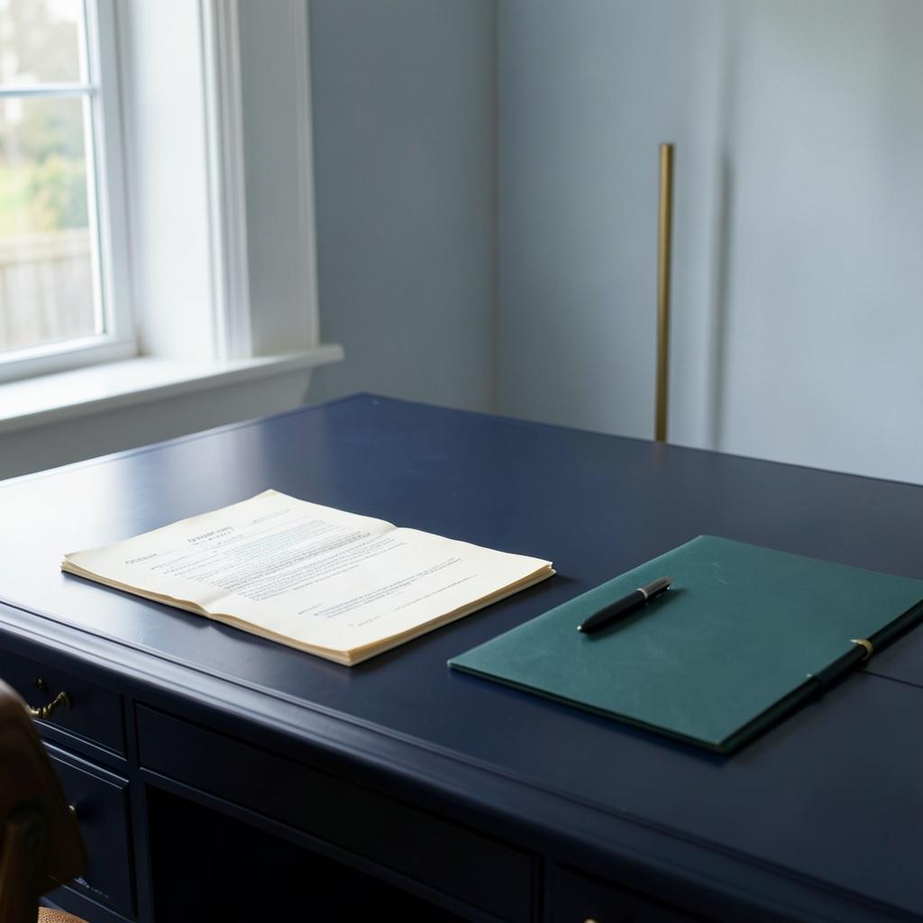 Signed legal documents and a teal folder arranged on a navy writing desk